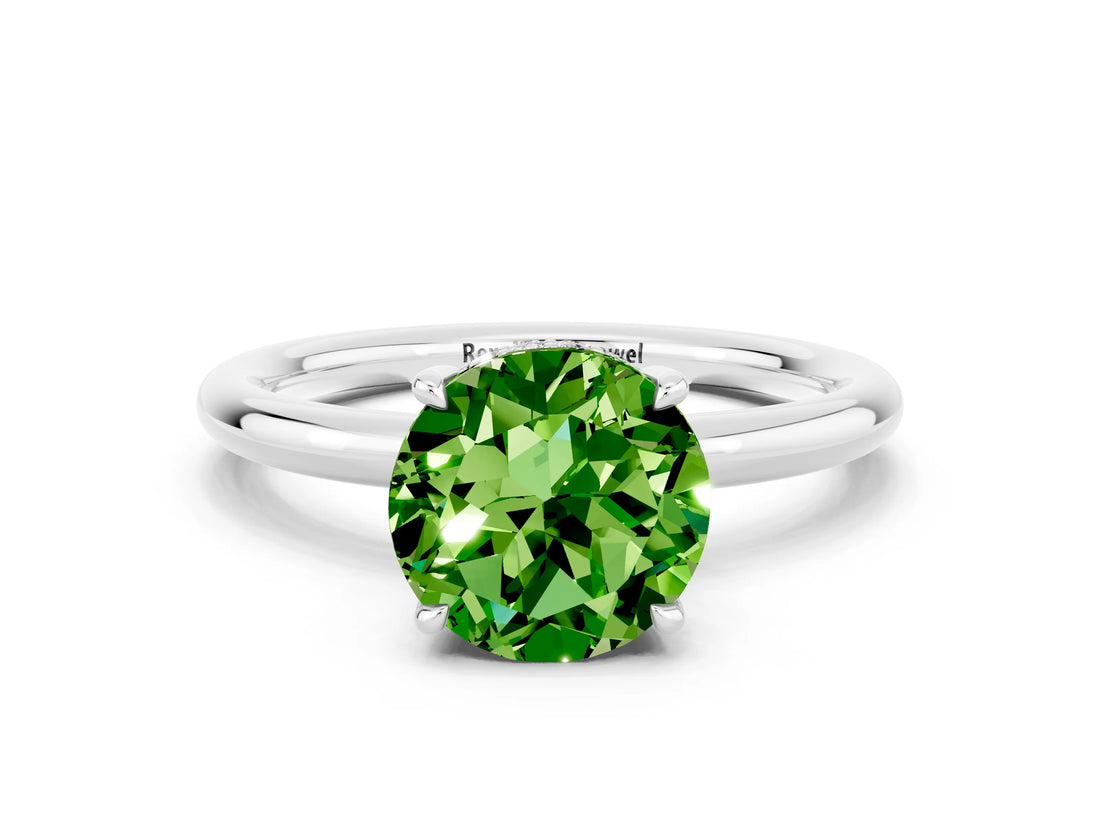 White gold Round Cut Peridot Solitaire Ring with Thin Band and Four-Prong Setting_12