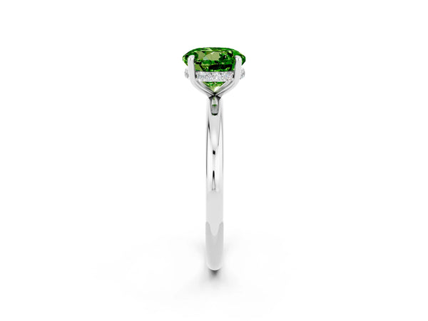 Platinum Round Cut Peridot Solitaire Ring with Thin Band and Four-Prong Setting