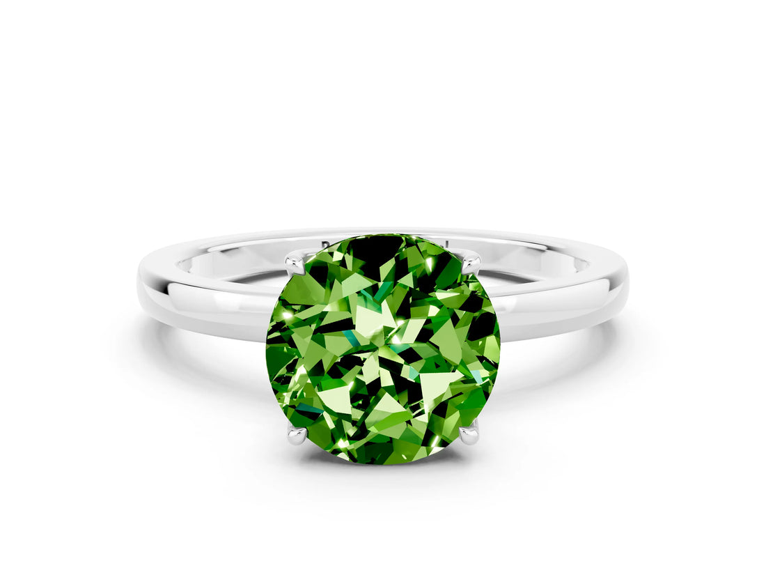 White gold Round Cut Peridot Solitaire Ring with Thin Band and Prong Setting_12