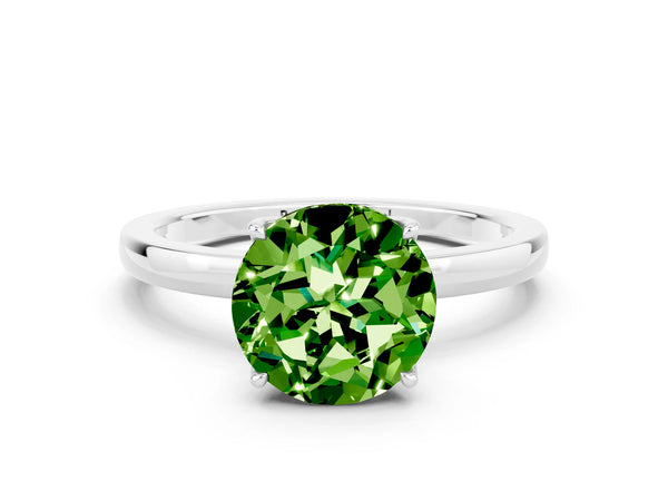 Platinum Round Cut Peridot Solitaire Ring with Thin Band and Prong Setting