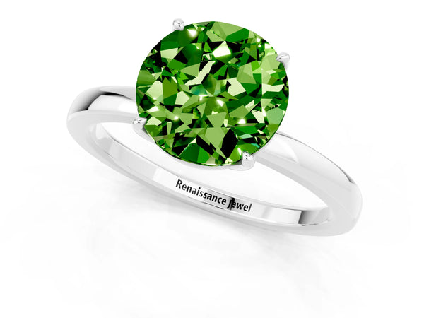 Silver Round Cut Peridot Solitaire Ring with Thin Band and Prong Setting
