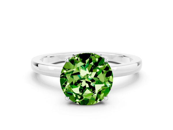 White gold Round Cut Peridot Solitaire Ring with Thin Band and Prong Setting
