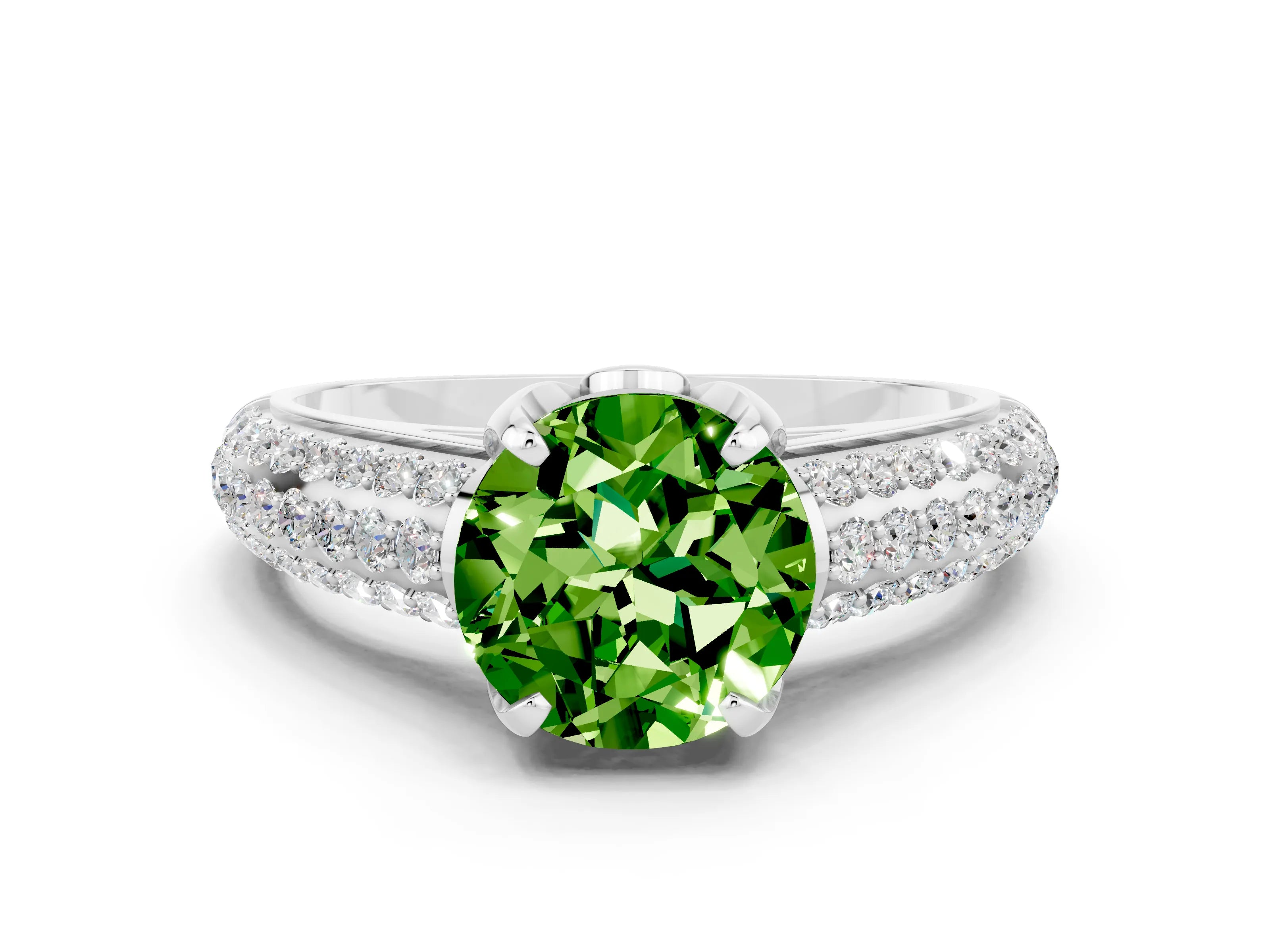 White gold Round Cut Peridot Solitaire Ring with Three-Row Pavé Band and Four-Prong Setting_12