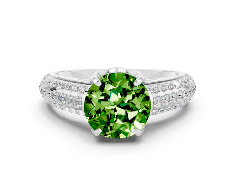 White gold Round Cut Peridot Solitaire Ring with Three-Row Pavé Band and Four-Prong Setting_12