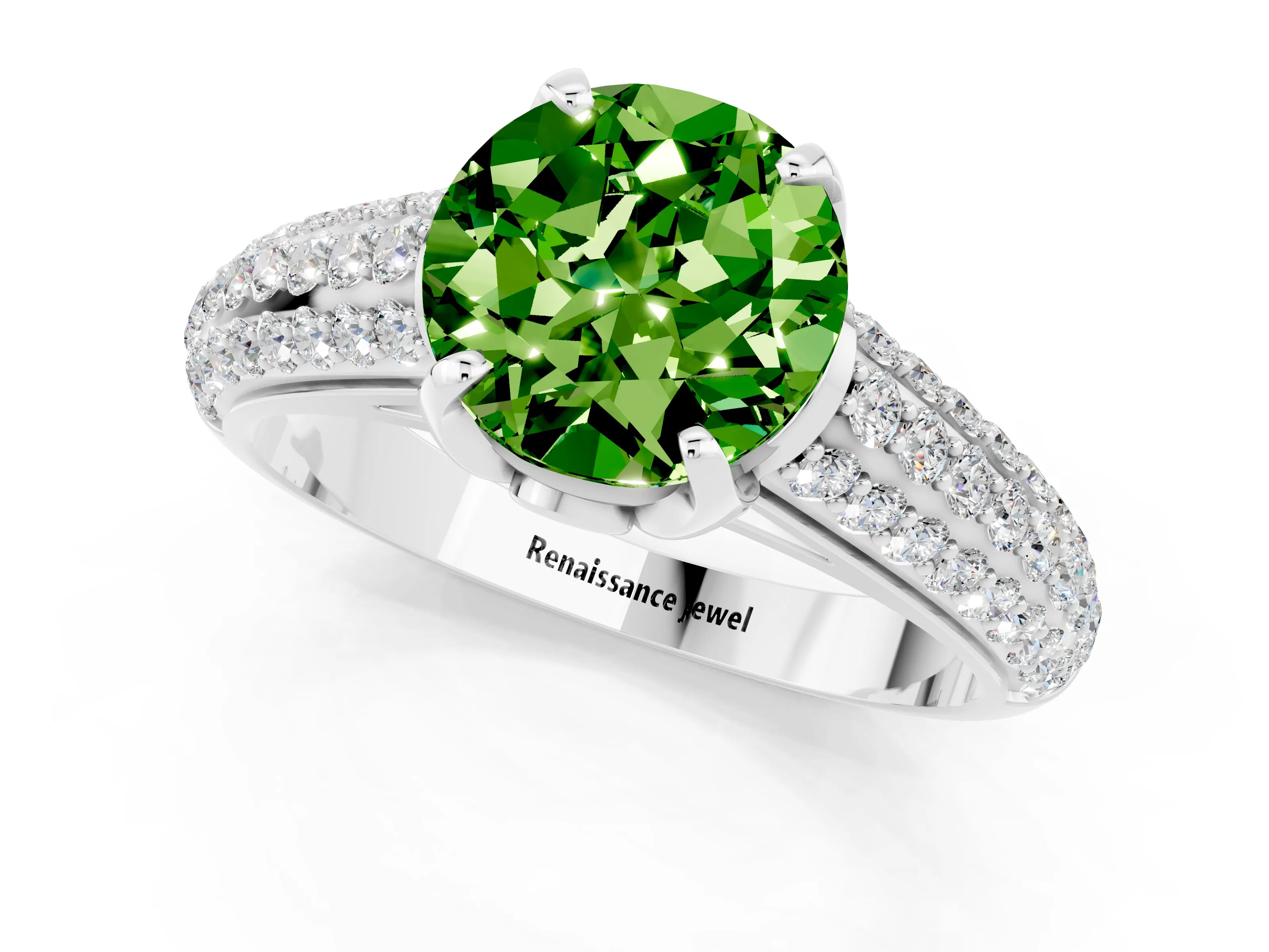 White gold Round Cut Peridot Solitaire Ring with Three-Row Pavé Band and Four-Prong Setting_13