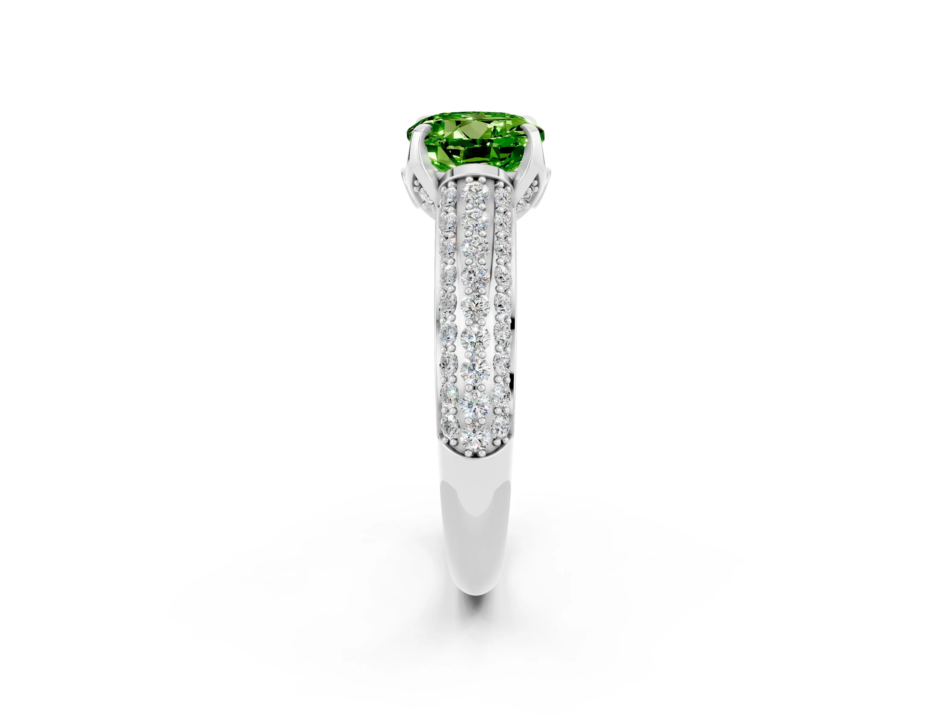 White gold Round Cut Peridot Solitaire Ring with Three-Row Pavé Band and Four-Prong Setting_14
