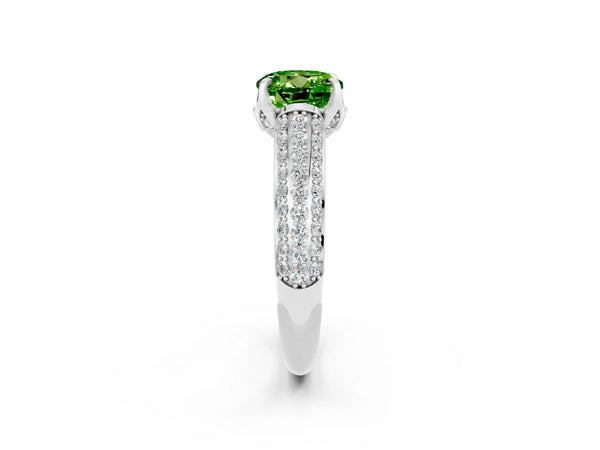 White gold Round Cut Peridot Solitaire Ring with Three-Row Pavé Band and Four-Prong Setting