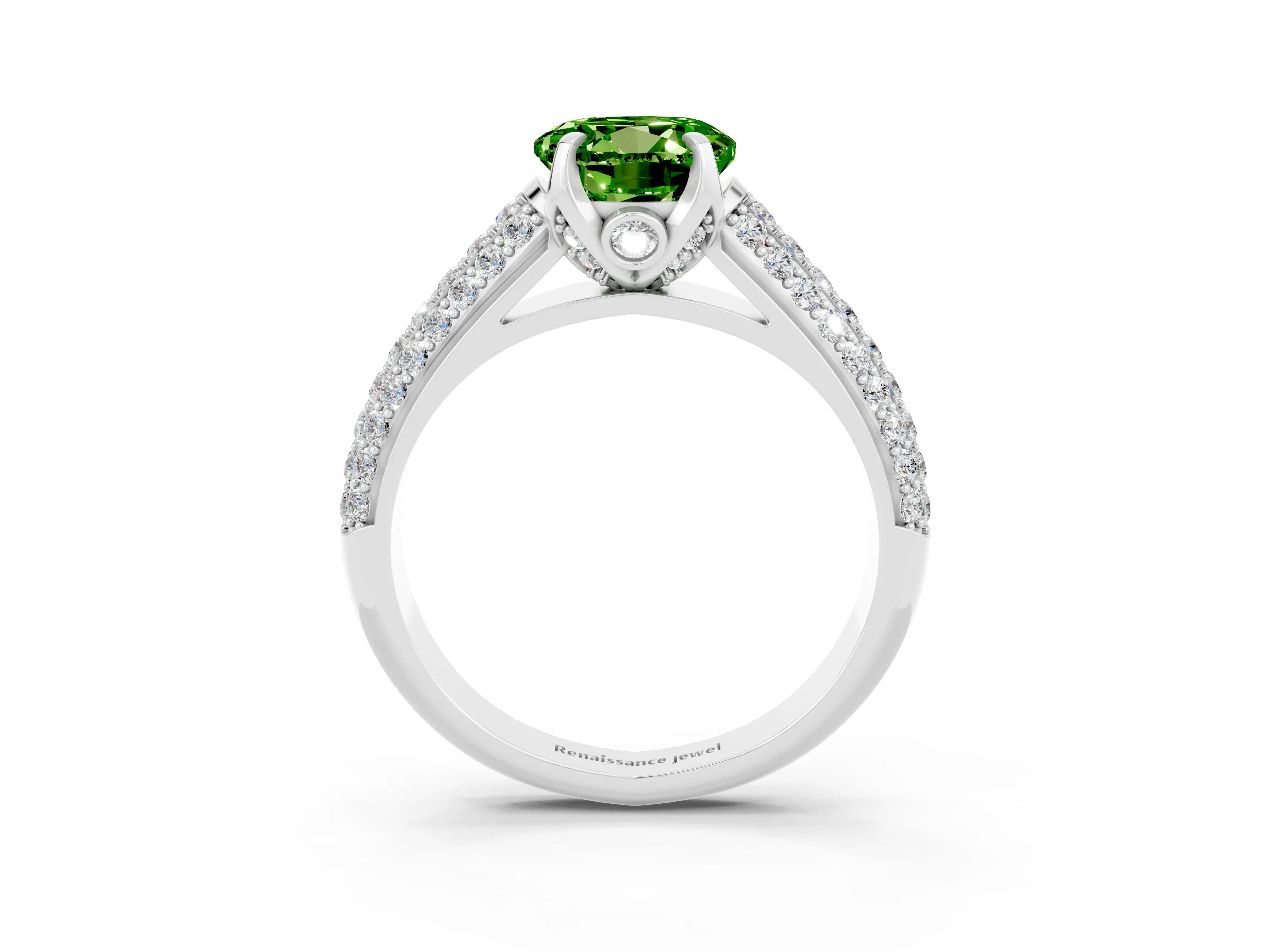 White gold Round Cut Peridot Solitaire Ring with Three-Row Pavé Band and Four-Prong Setting_15