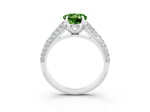 Silver Round Cut Peridot Solitaire Ring with Three-Row Pavé Band and Four-Prong Setting