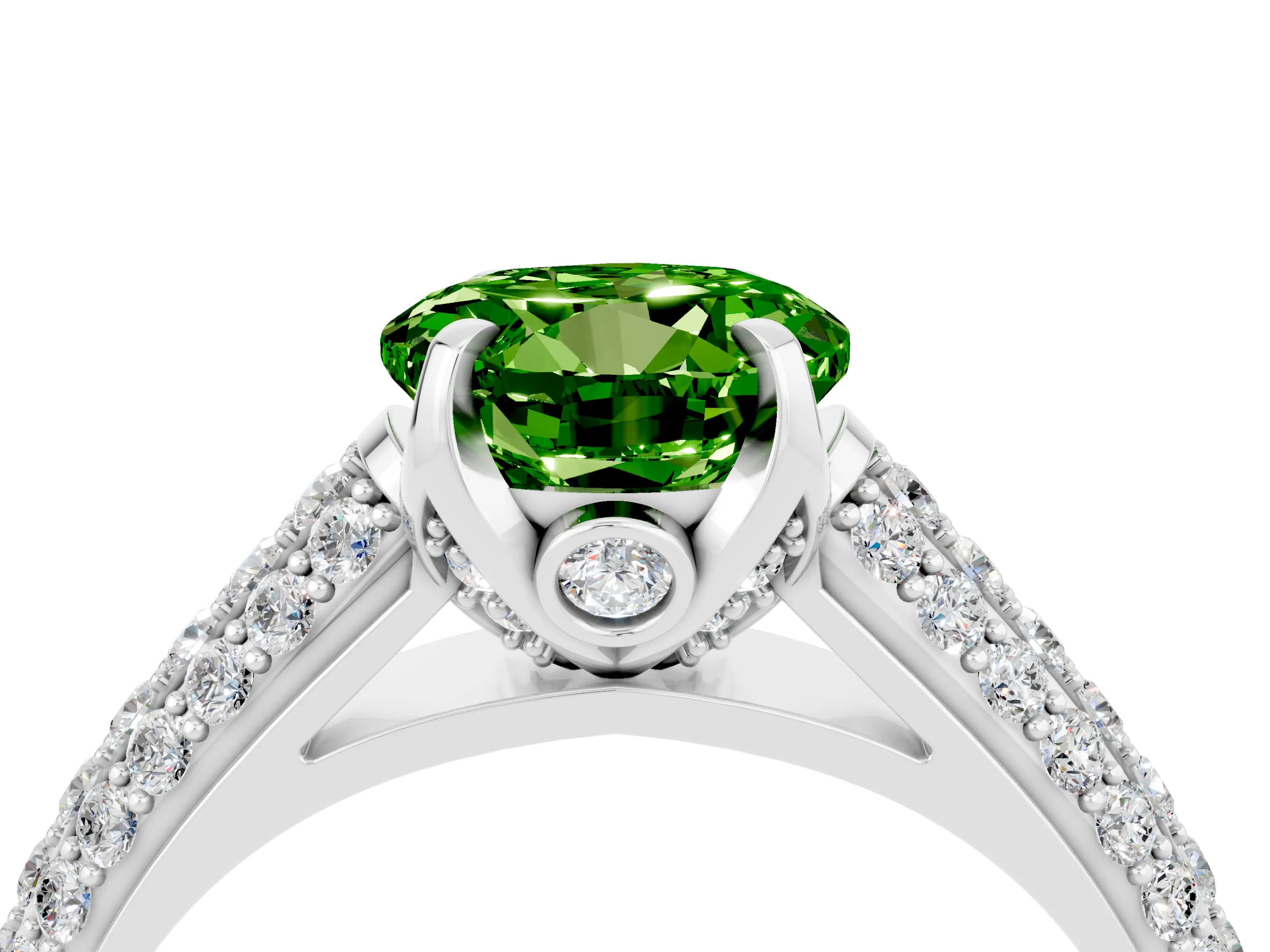 White gold Round Cut Peridot Solitaire Ring with Three-Row Pavé Band and Four-Prong Setting_16