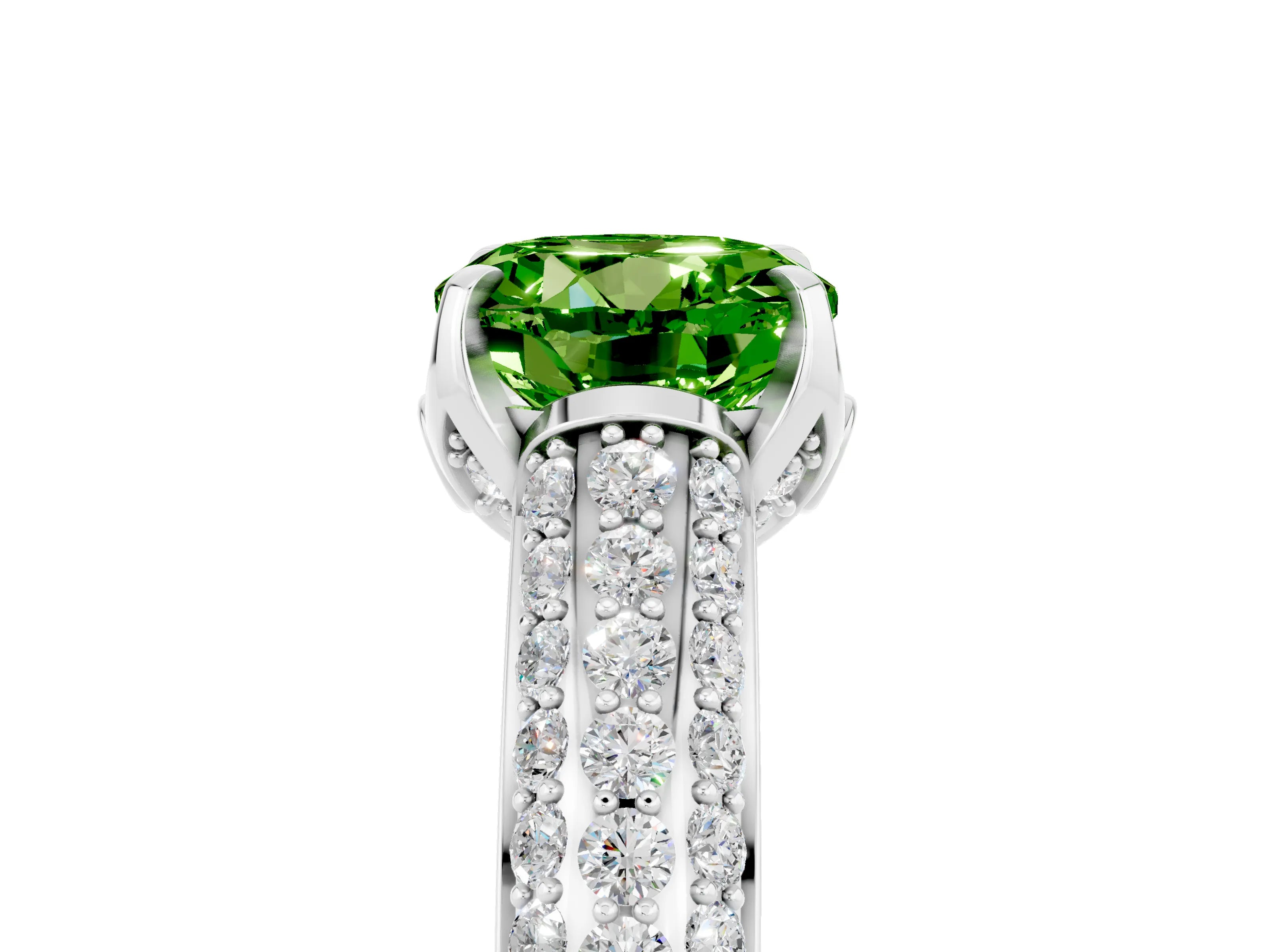 White gold Round Cut Peridot Solitaire Ring with Three-Row Pavé Band and Four-Prong Setting_17