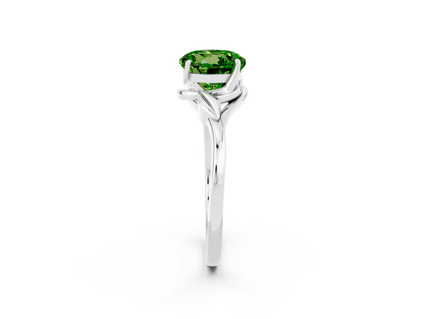 Platinum Round Cut Peridot Solitaire Ring with Twist Band and Four-Prong Setting