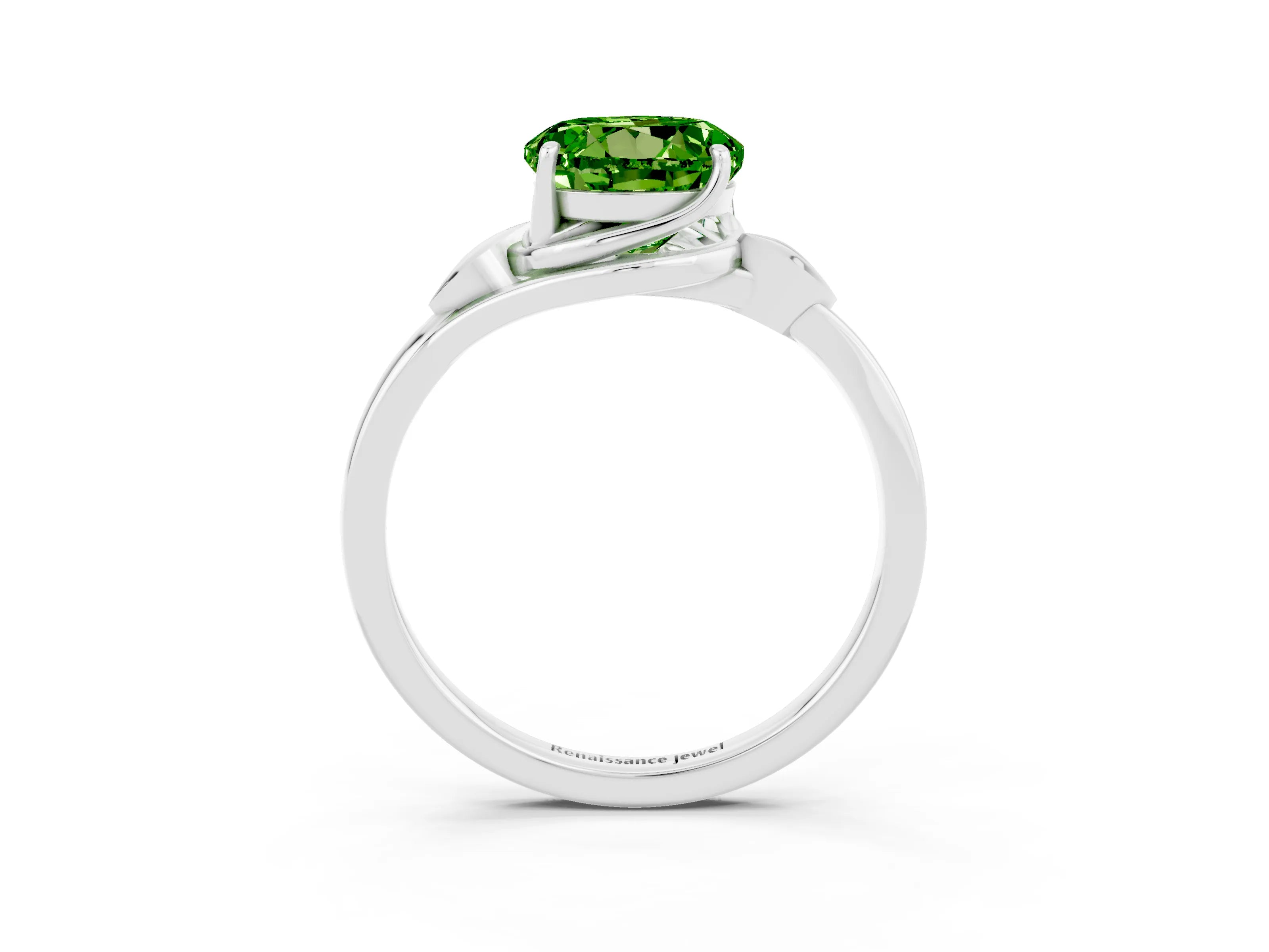 White gold Round Cut Peridot Solitaire Ring with Twist Band and Four-Prong Setting_15