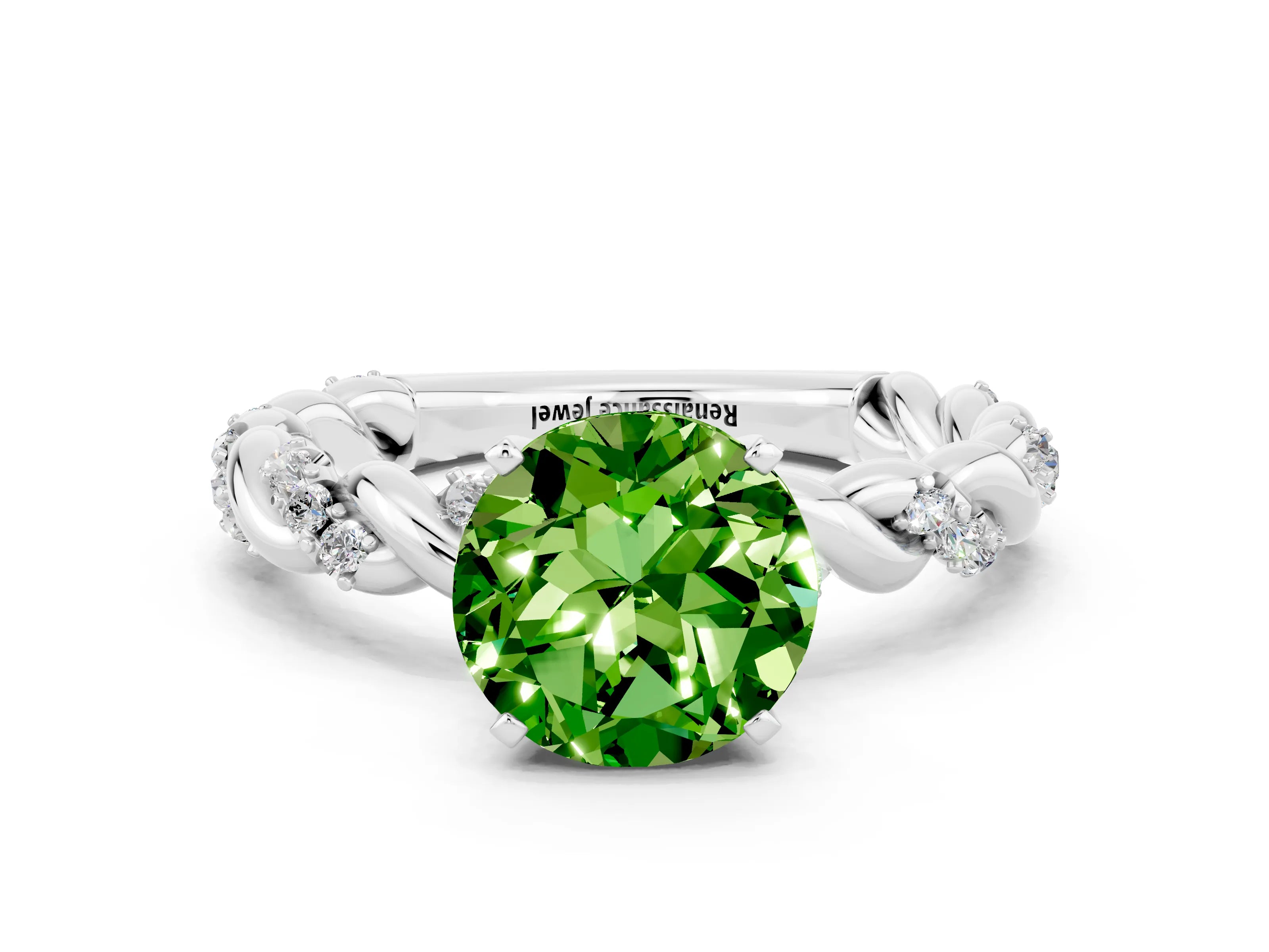 White gold Round Cut Peridot Solitaire Ring with Twisted Band and Pavé Accents