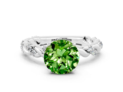 White gold Round Cut Peridot Solitaire Ring with Twisted Band and Pavé Accents