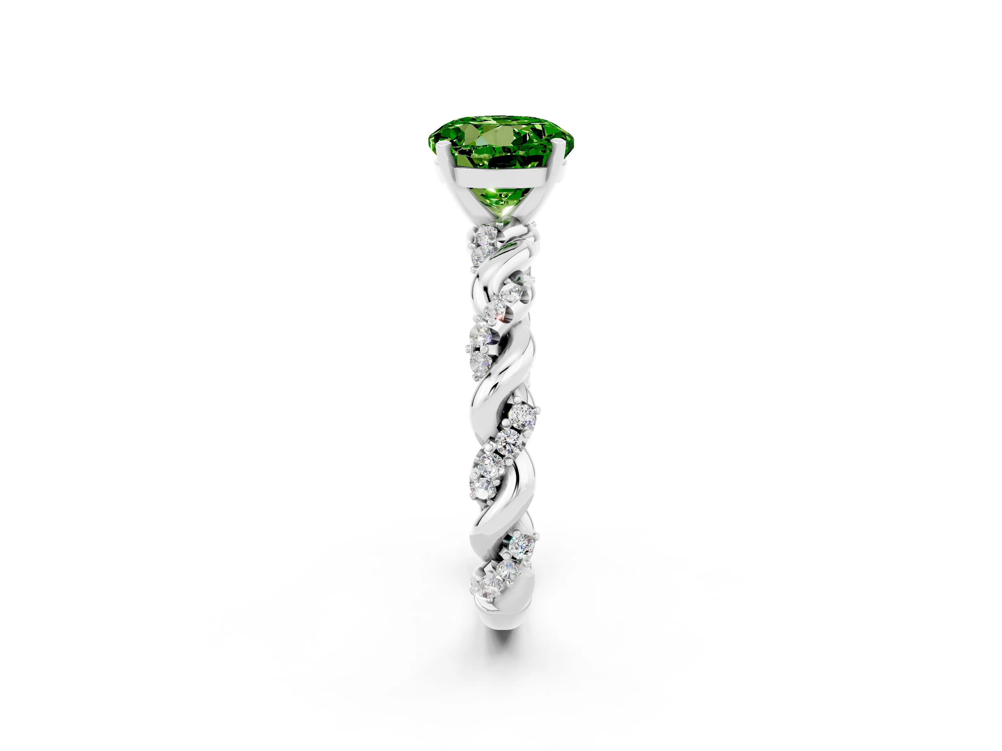 White gold Round Cut Peridot Solitaire Ring with Twisted Band and Pavé Accents_2