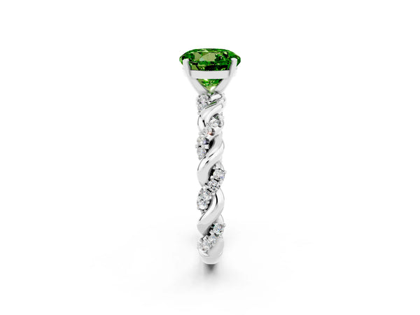 White gold Round Cut Peridot Solitaire Ring with Twisted Band and Pavé Accents