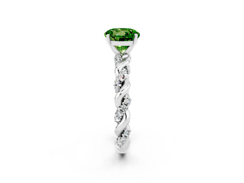 White gold Round Cut Peridot Solitaire Ring with Twisted Band and Pavé Accents_2