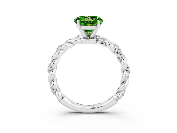 Silver Round Cut Peridot Solitaire Ring with Twisted Band and Pavé Accents