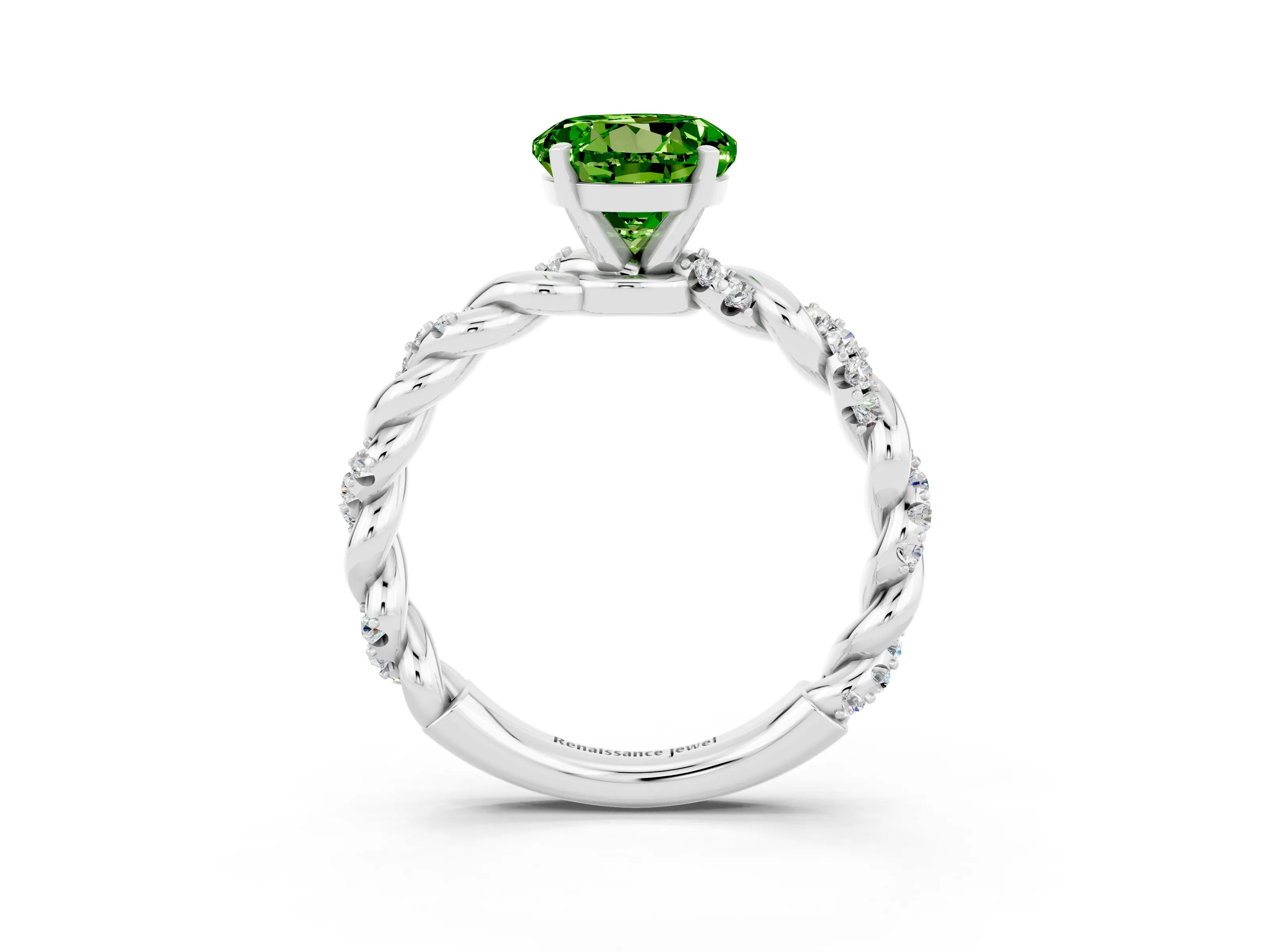 White gold Round Cut Peridot Solitaire Ring with Twisted Band and Pavé Accents_3