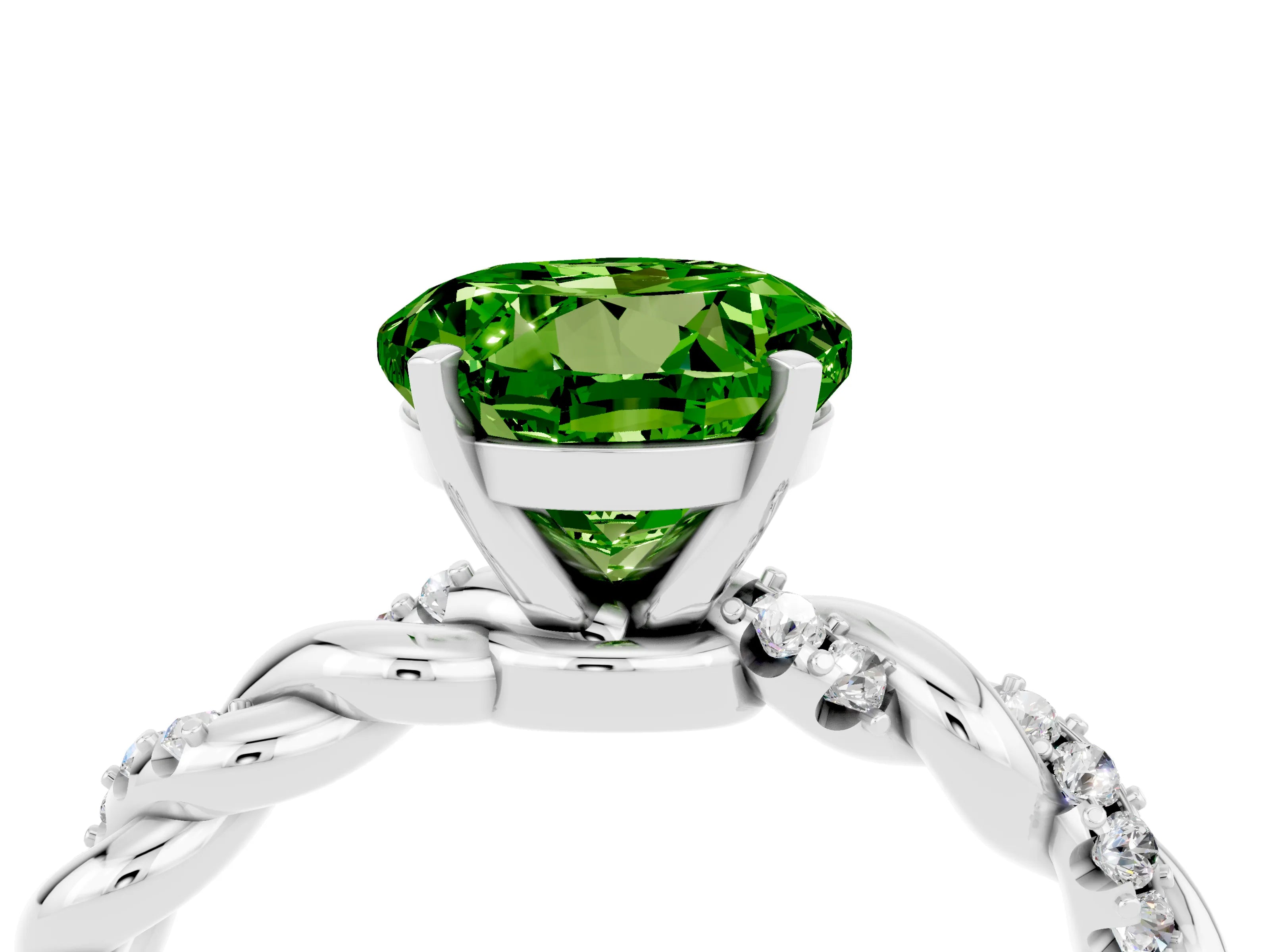 White gold Round Cut Peridot Solitaire Ring with Twisted Band and Pavé Accents_4