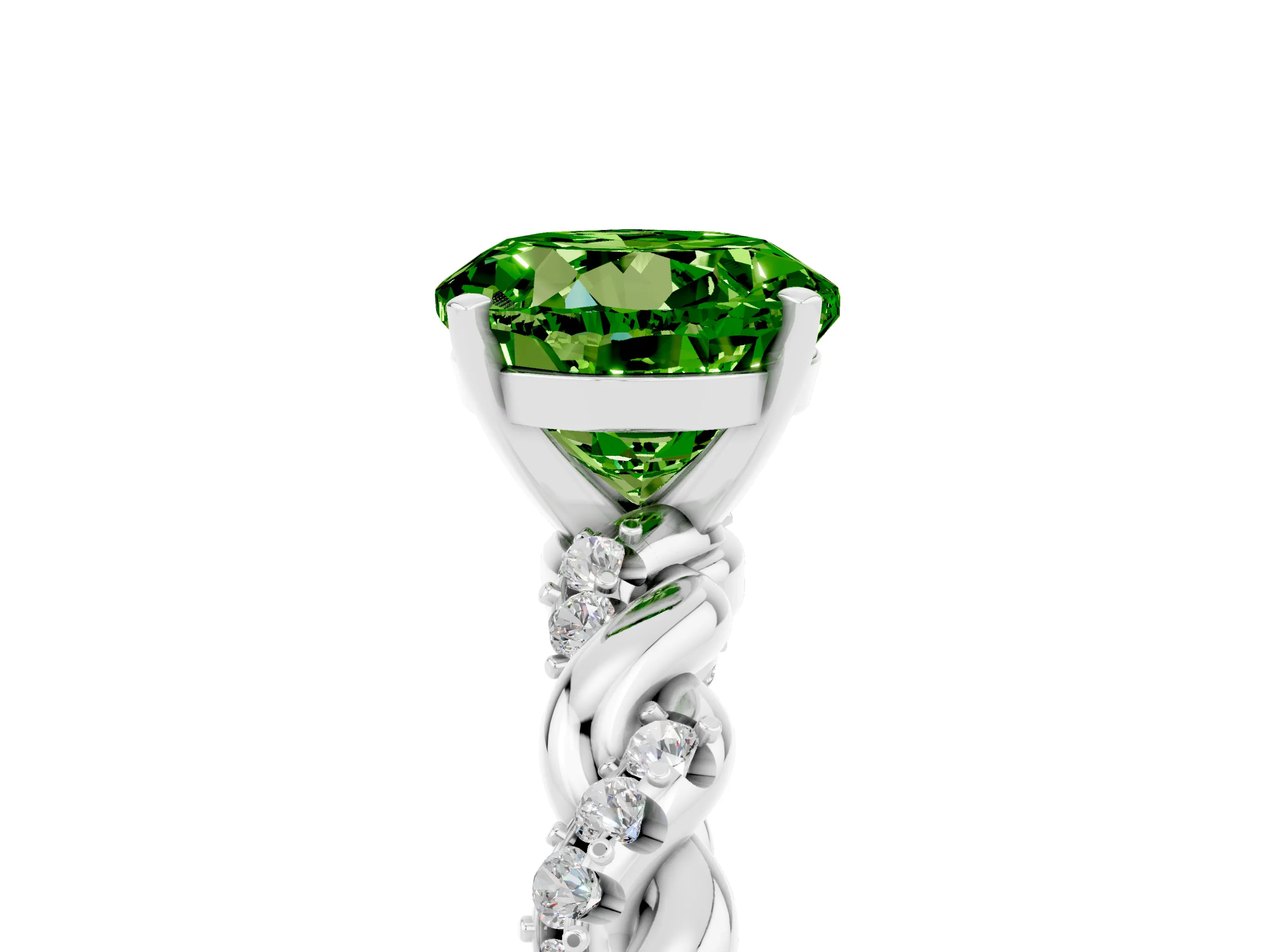 White gold Round Cut Peridot Solitaire Ring with Twisted Band and Pavé Accents_5