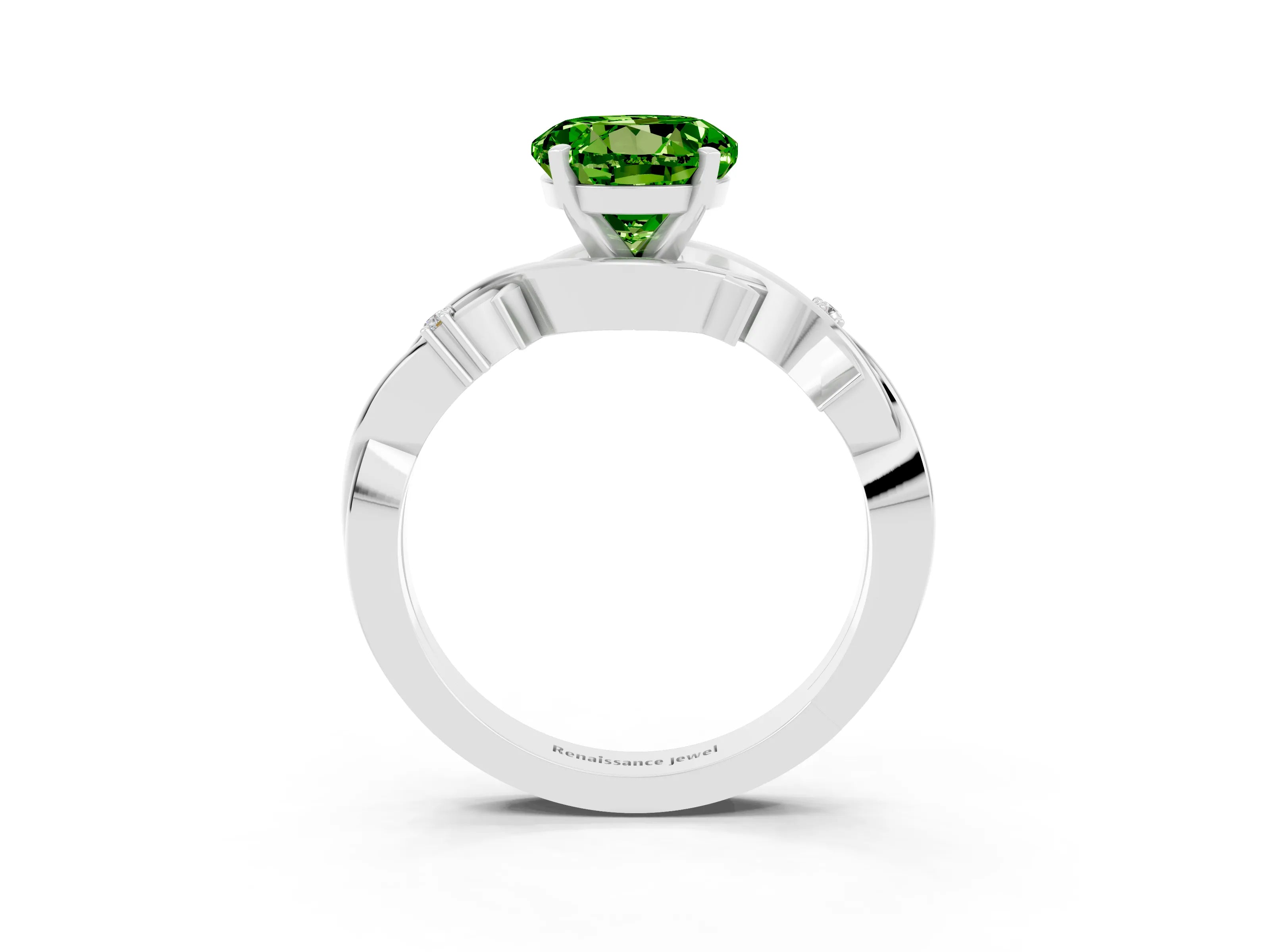 White gold Round Cut Peridot Solitaire Ring with Twisted Band and Prong Setting_3