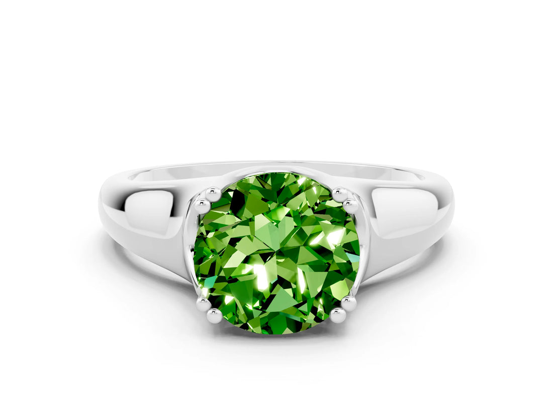 White gold Round Cut Peridot Solitaire Ring with Wide Band and Prong Setting