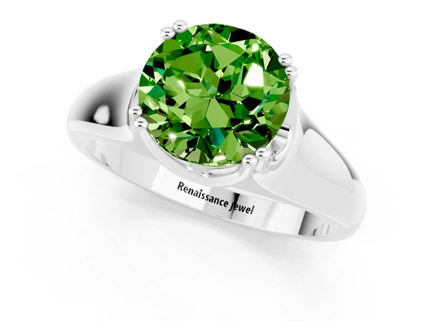 Platinum Round Cut Peridot Solitaire Ring with Wide Band and Prong Setting