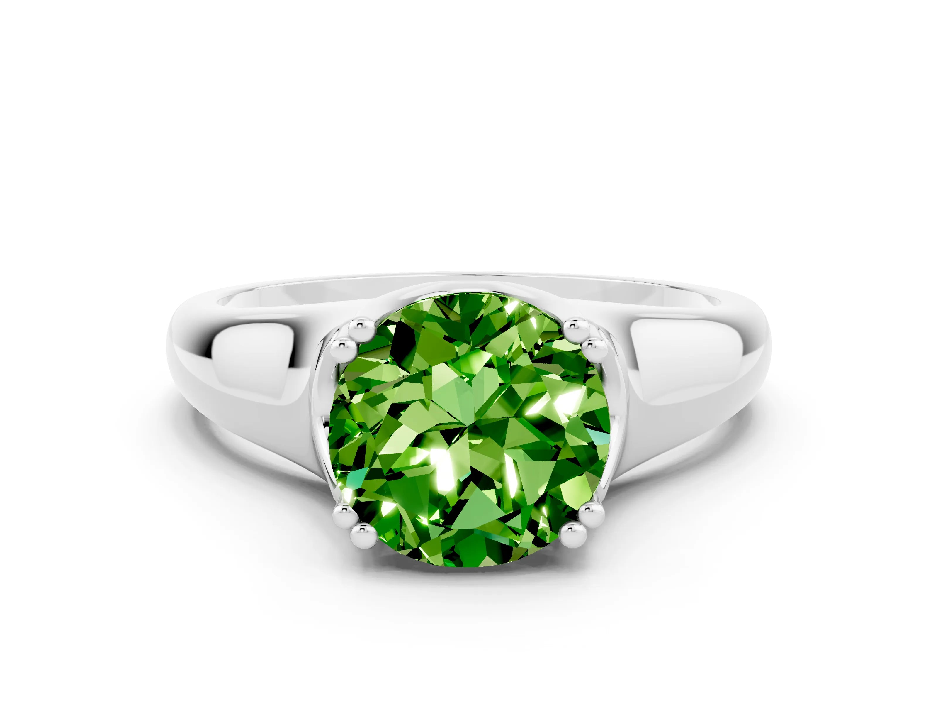 White gold Round Cut Peridot Solitaire Ring with Wide Band and Prong Setting