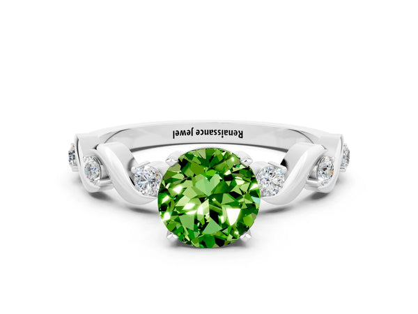 Platinum Round Cut Peridot Solitaire Twisted Band with Round  Accents and Prong Setting