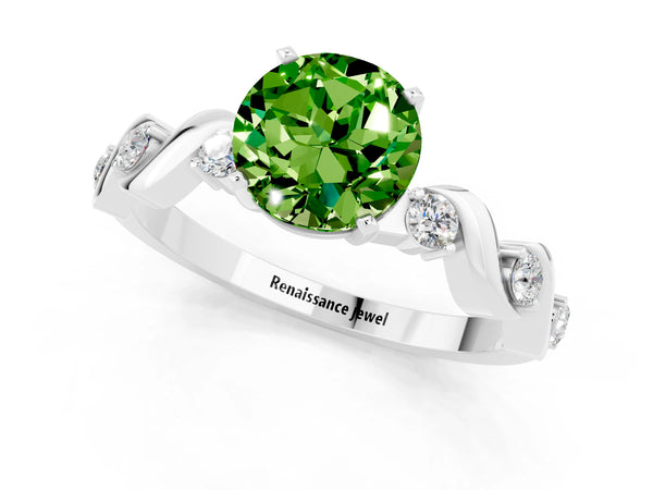 Silver Round Cut Peridot Solitaire Twisted Band with Round  Accents and Prong Setting