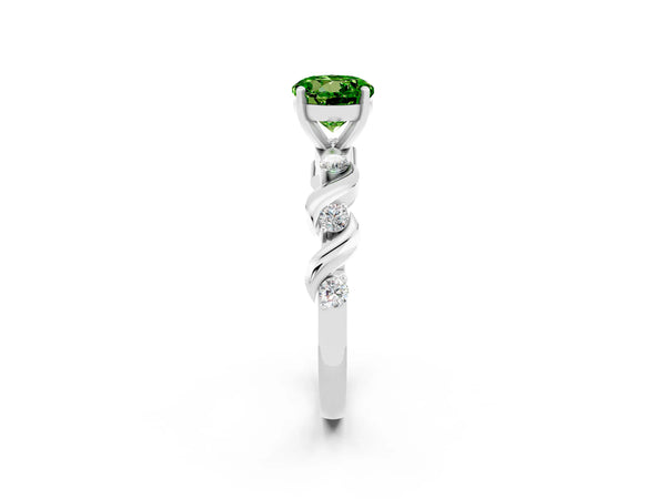 Platinum Round Cut Peridot Solitaire Twisted Band with Round  Accents and Prong Setting
