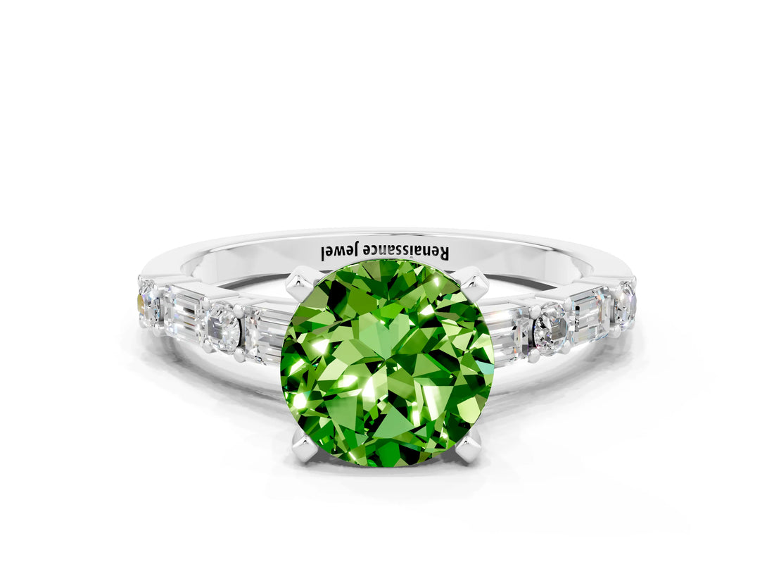 White gold Round Cut Peridot Solitaire with Side Baguettes and Channel Set Band