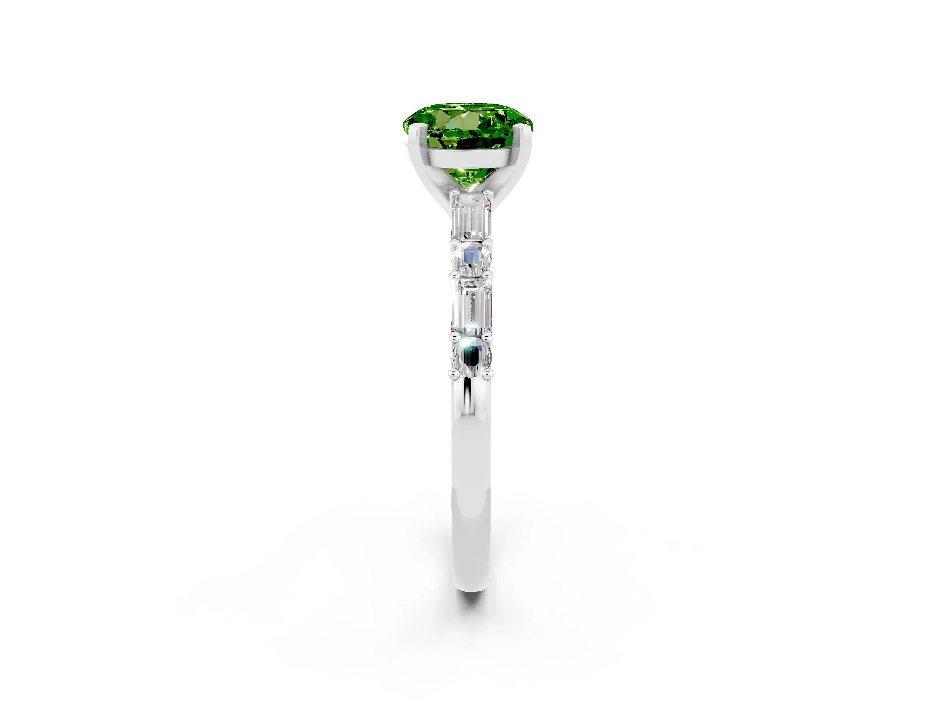 White gold Round Cut Peridot Solitaire with Side Baguettes and Channel Set Band_2