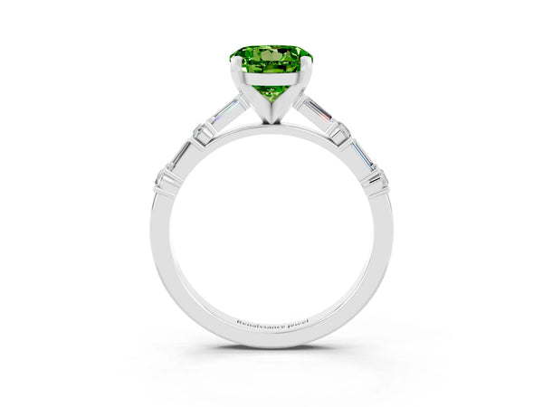 Platinum Round Cut Peridot Solitaire with Side Baguettes and Channel Set Band