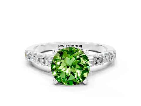 White gold Round Cut Peridot Solitaire with Side Baguettes and Channel Set Band