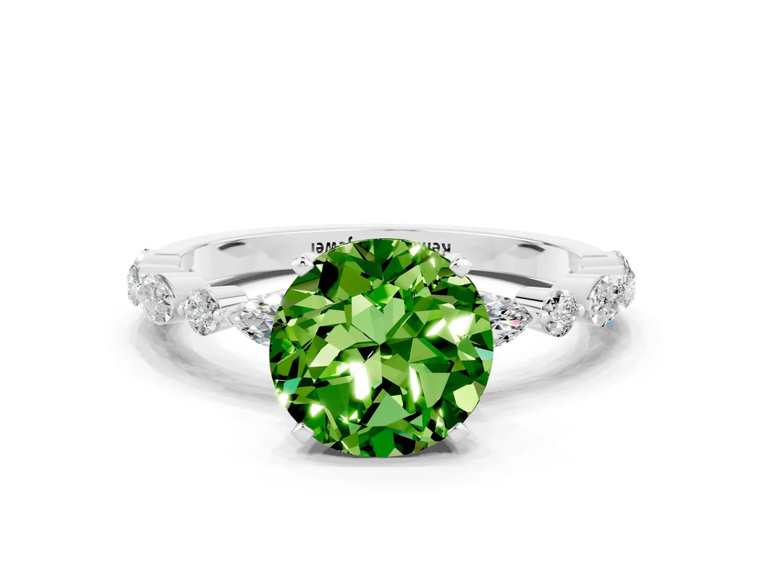 White gold Round Cut Peridot Solitaire with Side Stones on a Pavé Band and Four-Prong Setting