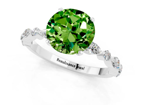 White gold Round Cut Peridot Solitaire with Side Stones on a Pavé Band and Four-Prong Setting_1