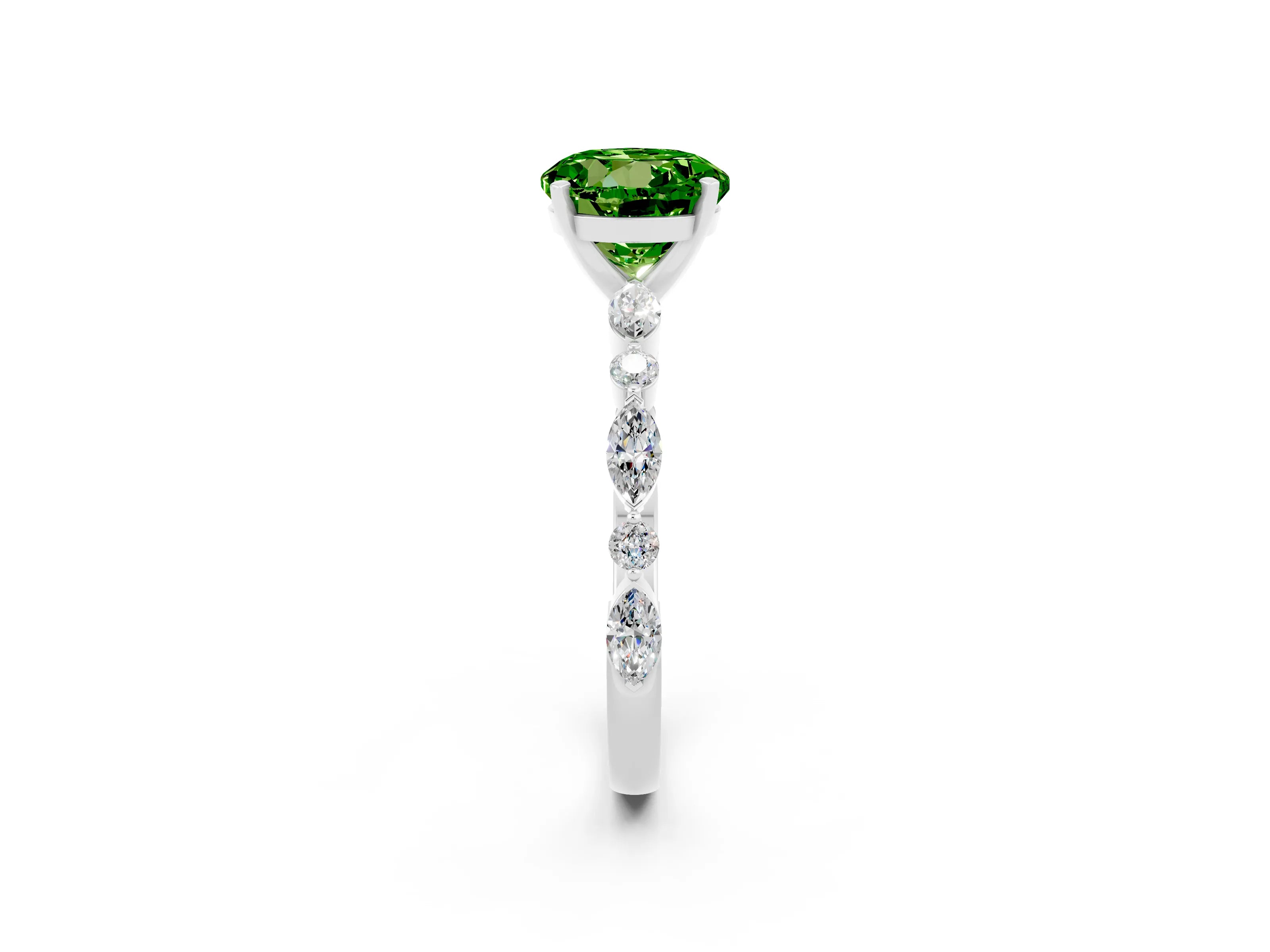 White gold Round Cut Peridot Solitaire with Side Stones on a Pavé Band and Four-Prong Setting_2