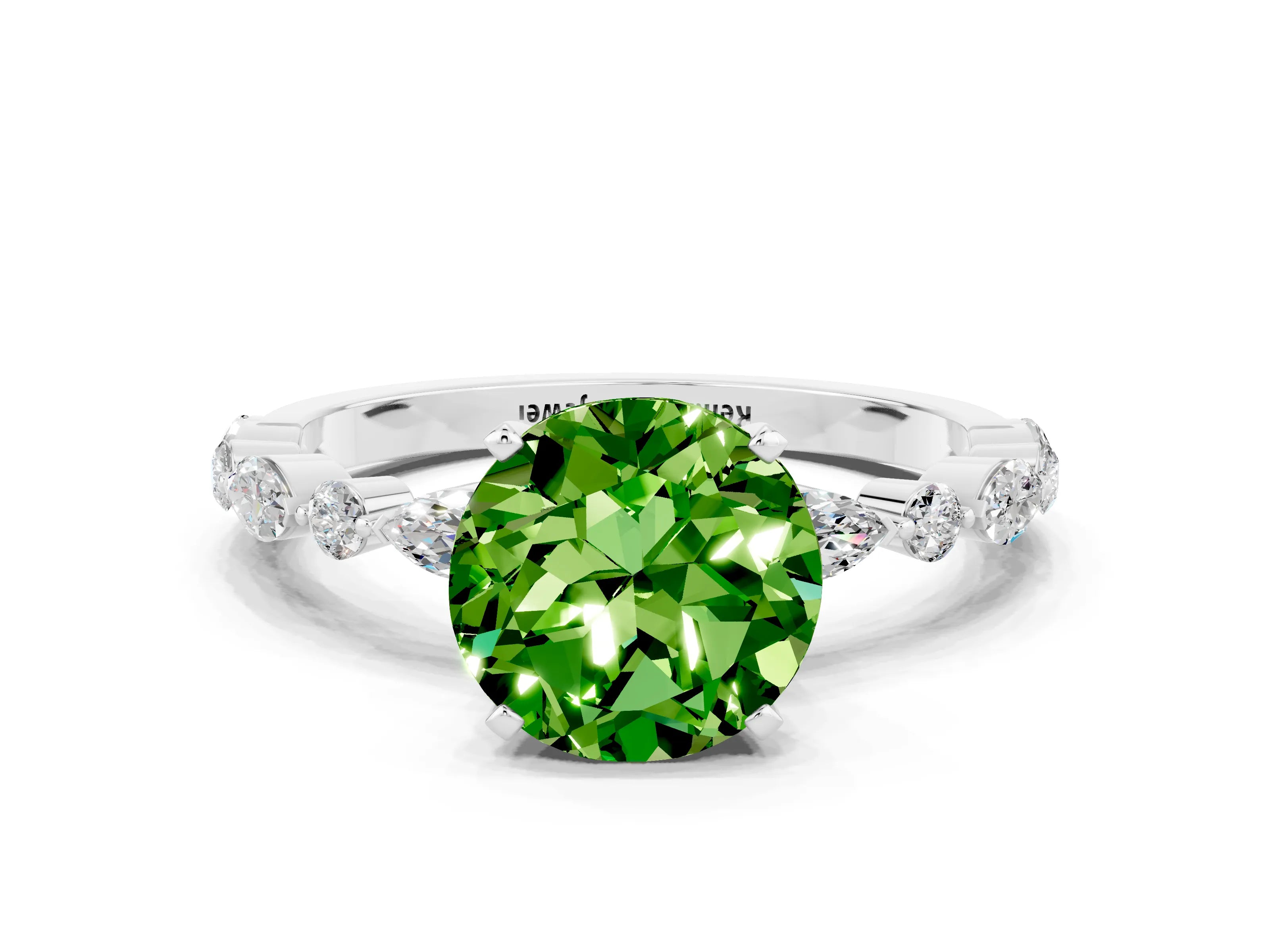 White gold Round Cut Peridot Solitaire with Side Stones on a Pavé Band and Four-Prong Setting