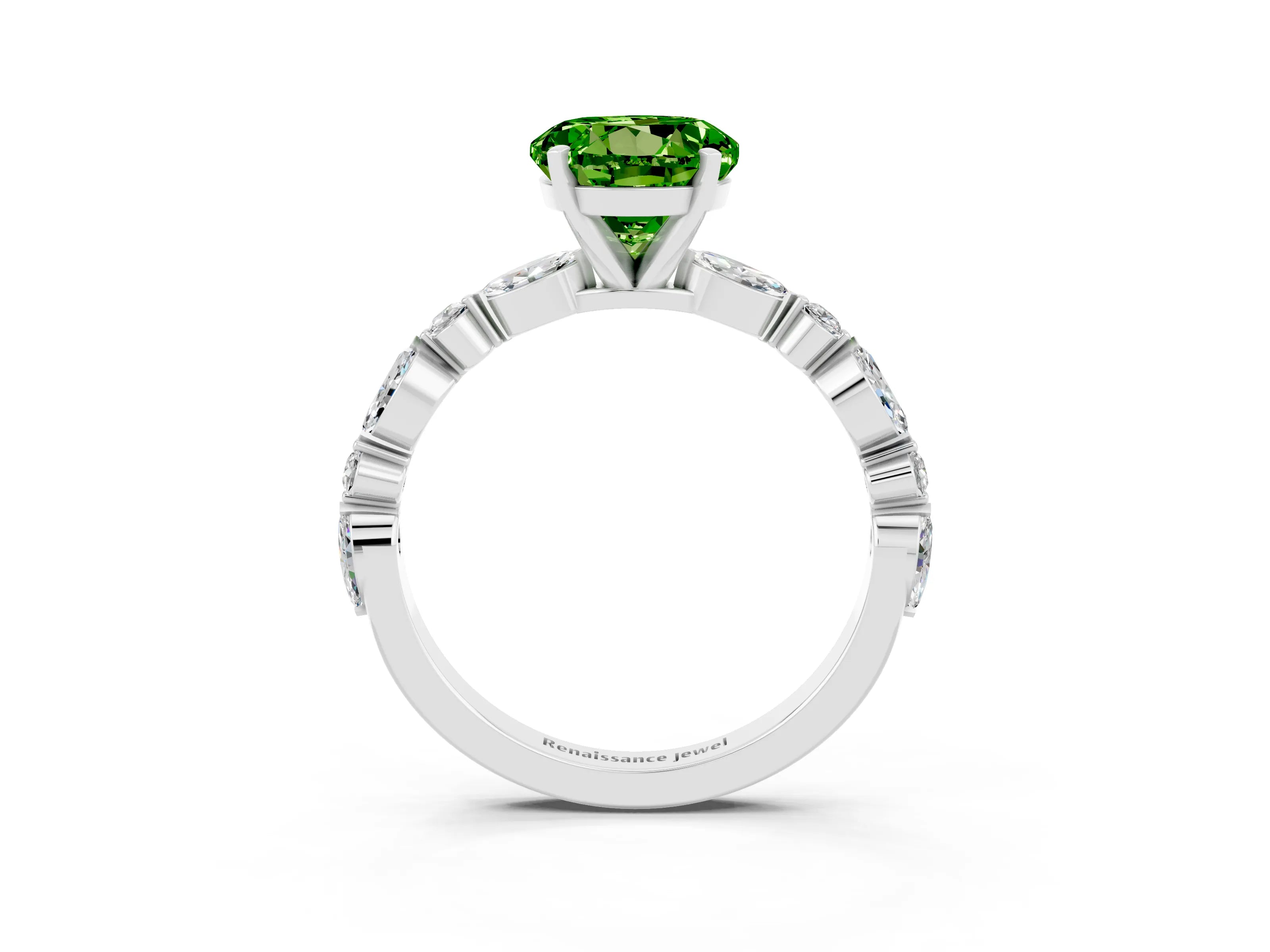 White gold Round Cut Peridot Solitaire with Side Stones on a Pavé Band and Four-Prong Setting_3