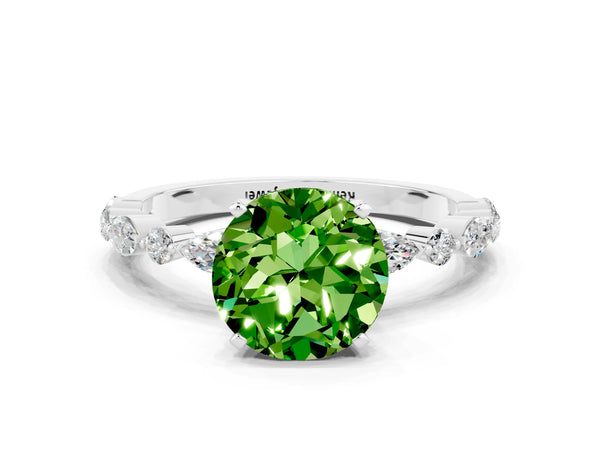 White gold Round Cut Peridot Ring with Marquise and Round  Side Stones and Four-Prong Setting