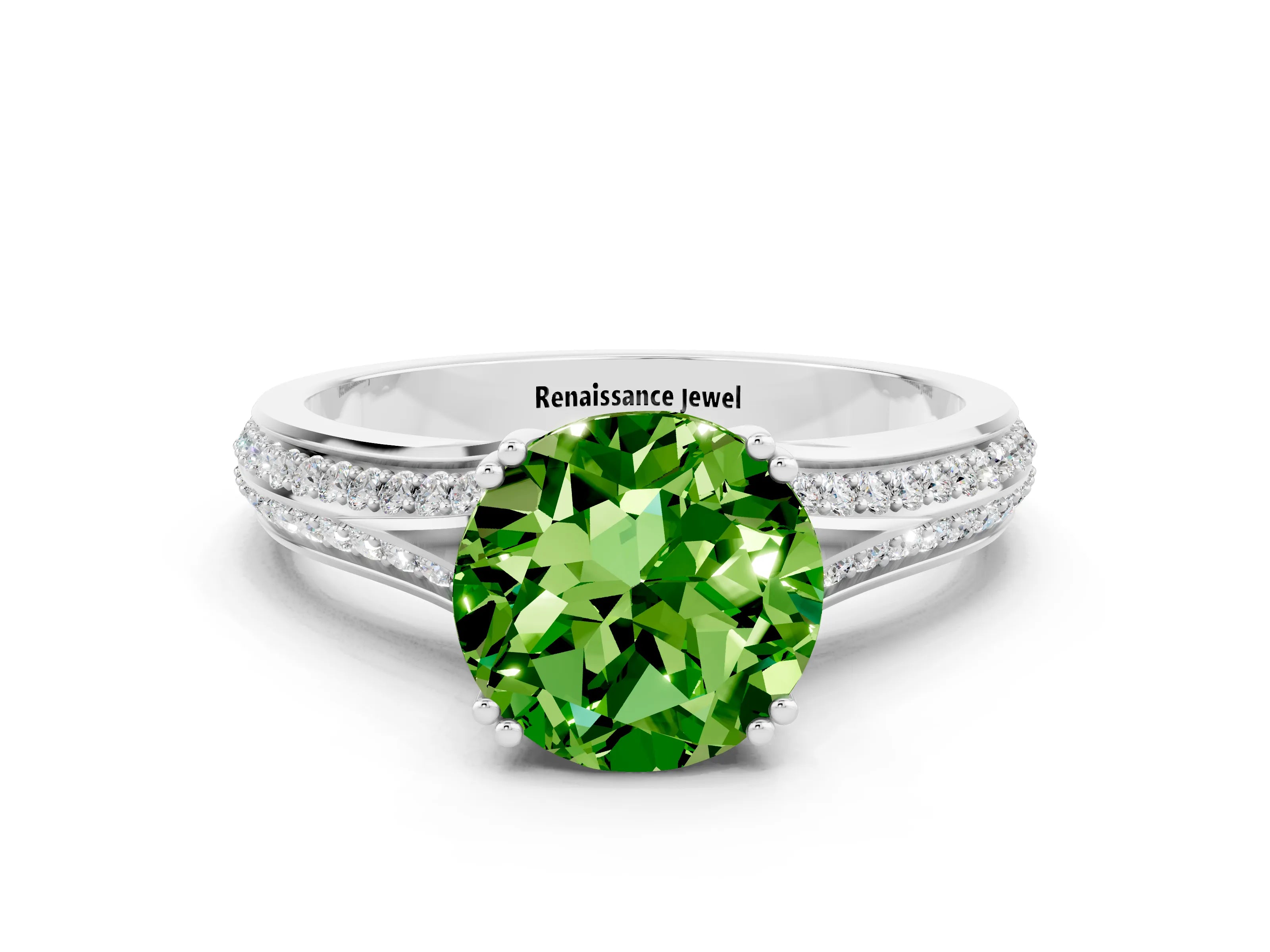 White gold Round Cut Peridot Split Shank Engagement Ring with Pavé Band