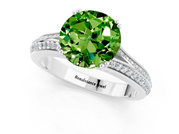 Platinum Round Cut Peridot Split Shank Engagement Ring with Pavé Band