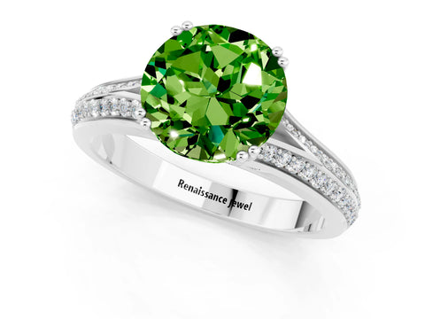 White gold Round Cut Peridot Split Shank Engagement Ring with Pavé Band_1