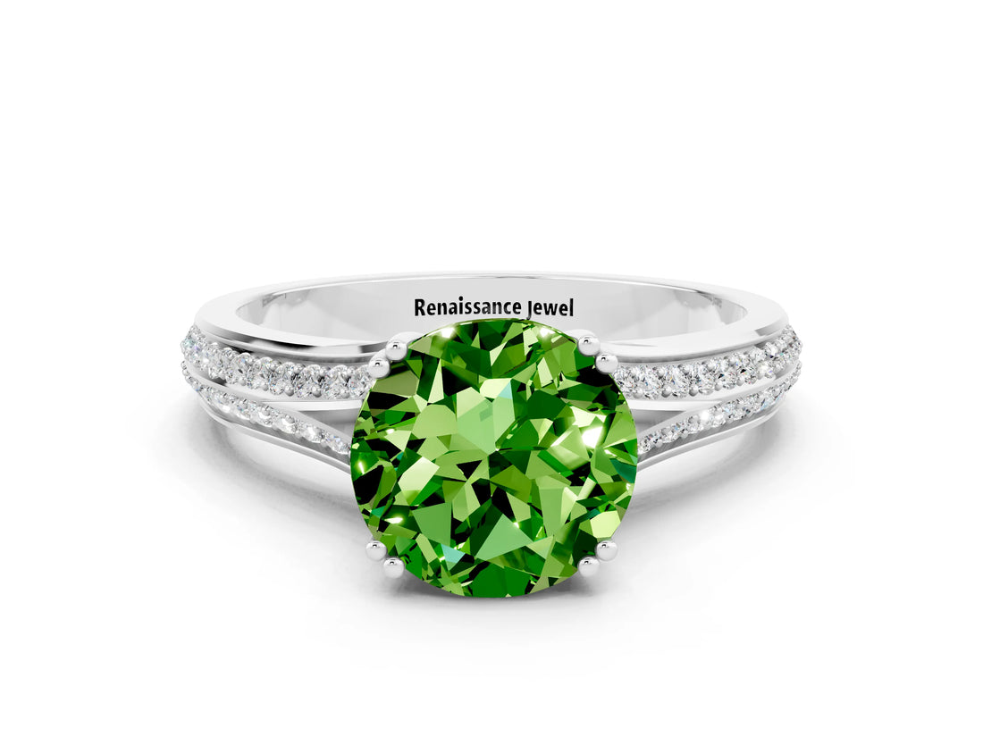 White gold Round Cut Peridot Split Shank Engagement Ring with Pavé Band