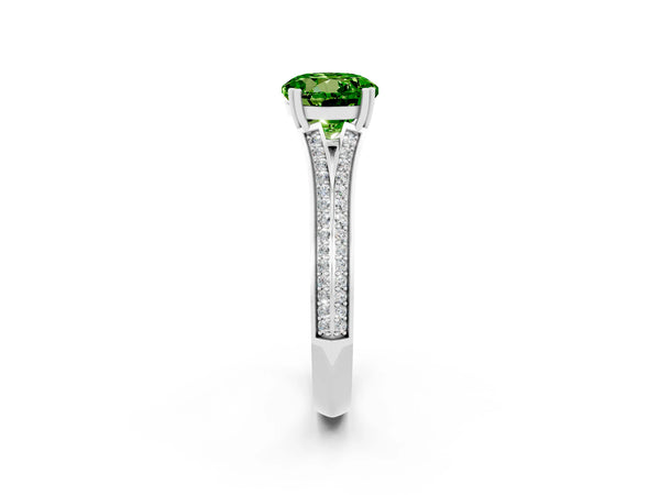 Silver Round Cut Peridot Split Shank Engagement Ring with Pavé Band