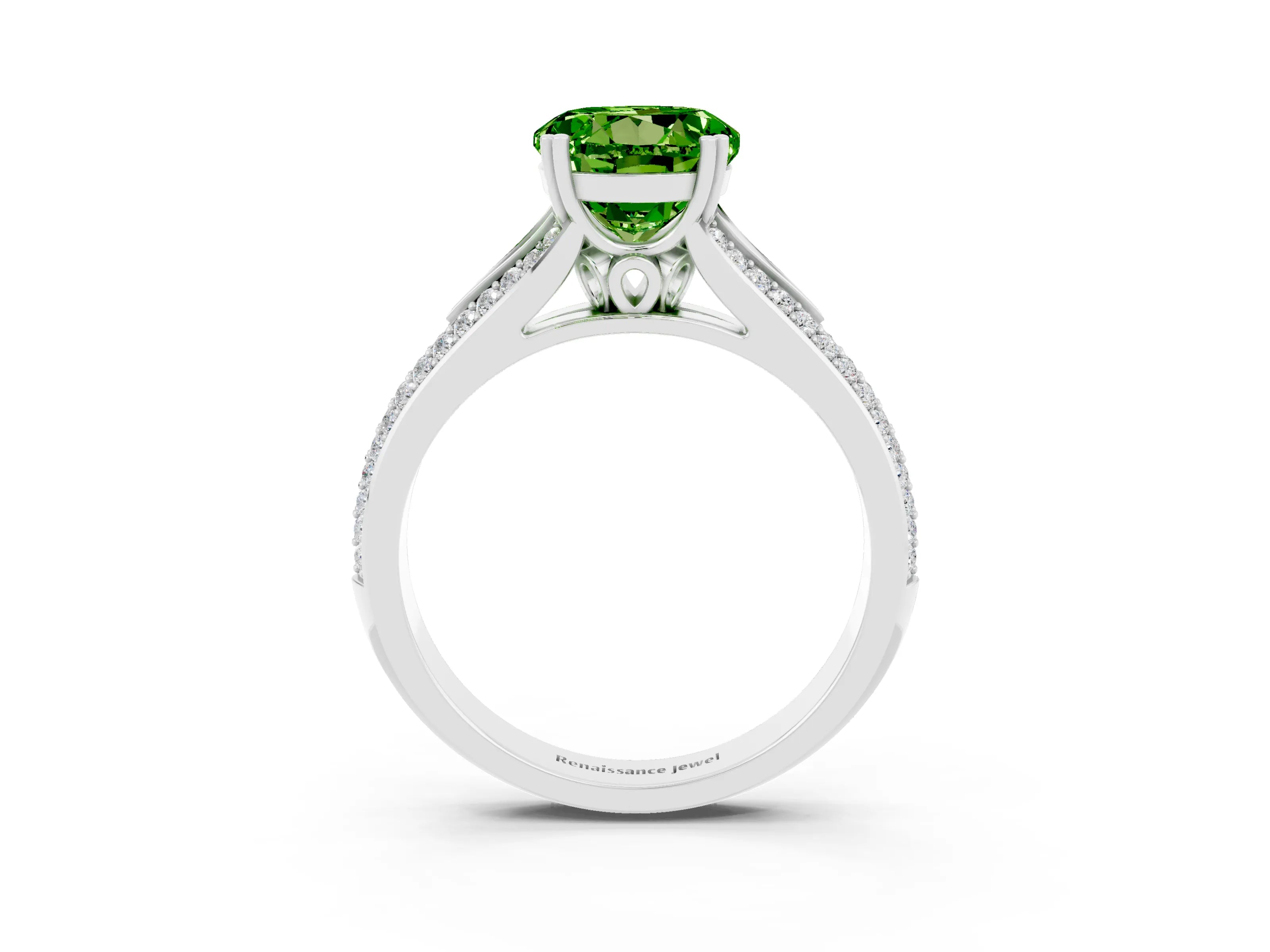 White gold Round Cut Peridot Split Shank Engagement Ring with Pavé Band_3