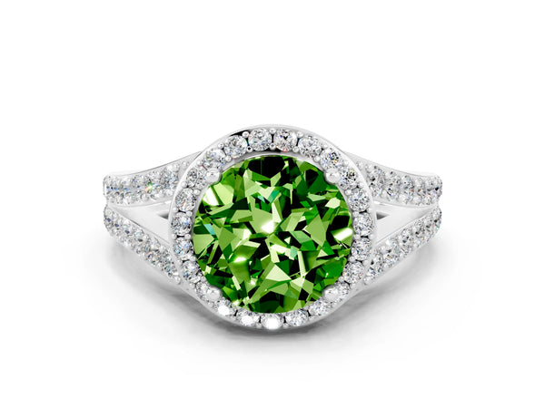Platinum Round Cut Peridot Split Shank Halo Ring with Four-Prong Setting